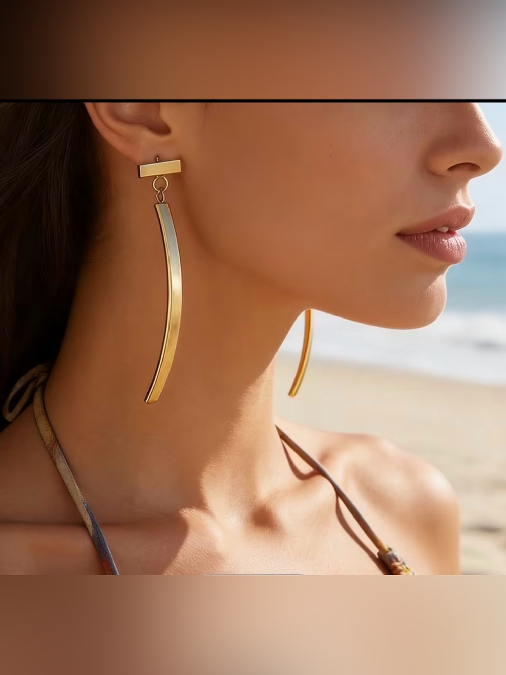 Gold Curved Bar Drop Earrings - Women Jewelry